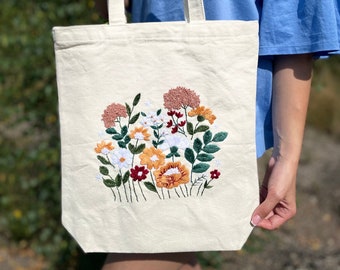 刺繍入りキャンバストートバッグ、花柄レディースショッピングバッグ