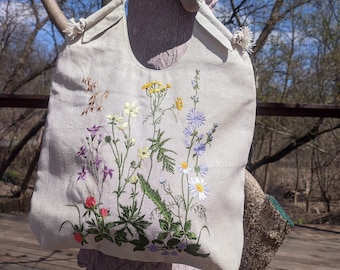 Floral Embroidered Linen Tote Bag, Boho Hippie Style