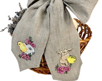 Linen Easter basket bow, Orthodox Easter Basket Covers, Easter basket sash with egg embroidery, Bunny basket bow, Seersucker Easter bow