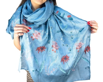 Blue embroidered linen shawl, Real linen long scarf, Lightweight color shawl, Linen shawl for summer, Soft linen cape, Size 70 x 195 cm
