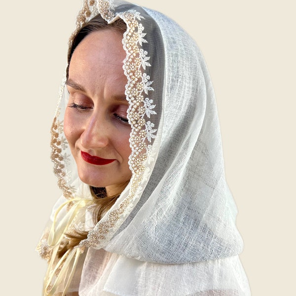 Linen catholic veil with lace, Catholic mantilla church veil, Wedding veil, Orthodox veil, Christian head covering, Mantilla wrap shawl