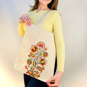 Embroidered Canvas Tote Bag with Folk Floral Design, Handmade Cotton Shopping Bag, Eco Friendly Everyday Tote