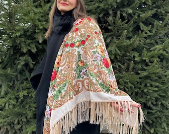 Beige Ukrainian wool scarf, Traditional ukrainian scarf, Floral shawl, Bohemian scarf flower, Folk scarf, Large slavic shawl with fringe