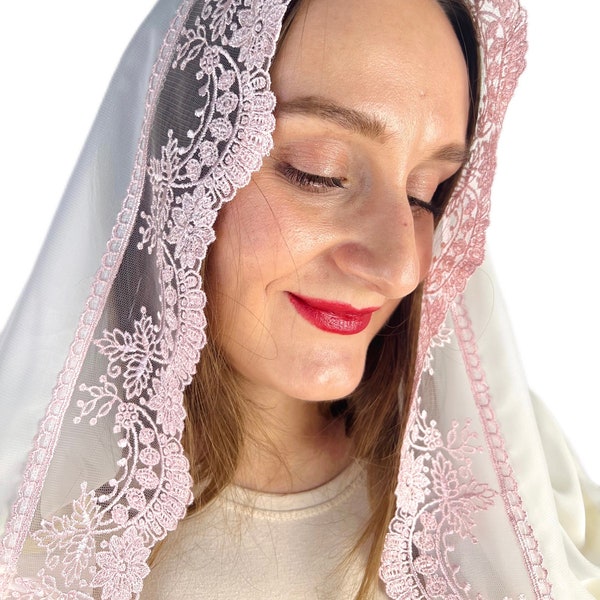 Pink chapel veil for mass, Chiffon veil with lace, Religion head mantilla, Catholic veil, Church veil, Wedding veil, Church head covering