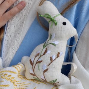 Handmade linen Easter bunny ornament with willow embroidery