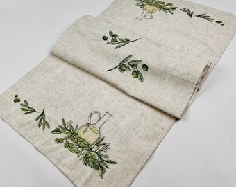 Olive Embroidered Runner, Linen Italian Rug, Vegetable Kitchen, Kitchen Tuscan Decor, Olive Branch Table Topper