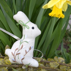 Handmade linen Easter bunny ornament with willow embroidery