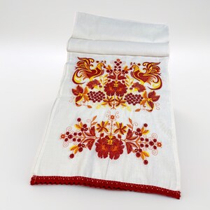 Traditional Ukrainian Rushnyk, Embroidered Linen Ritual Towel with Folk Birds and Floral Motifs, Red Crochet Edge