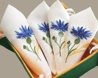 Floral napkins cloth, Embroidered linen napkins, Large cloth napkins, Set of 4, White napkins, Flowers candy box, Everyday, Hostess Gift