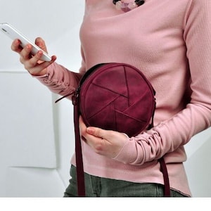 Round maroon leather crossbody bag, Leather small bag, Women's boho bags, Christmas bag, Wife gift, Leather shoulder bag, burgundy bags
