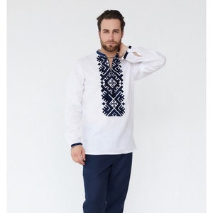 White with blue embroidery