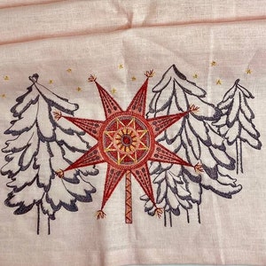 Embroidered pink linen Christmas table runner