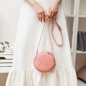 Pink small purse, Round handcrafted leather evening bag, Cosmetic crossbody bag, Gift for her, Leather evening bag, Shoulder bag, Gift wife