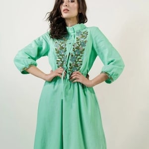 Mint Green Linen Embroidered Midi Dress with Floral Vyshyvanka Motifs, Button Front Belted Shirt Dress, Ruffle Hem, 3/4 Sleeves, Boho Chic