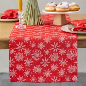 Red cotton Christmas table runner with white snowflakes ,Festive holiday table decor and kitchen centerpiece accent for winter parties
