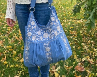 Blue linen embroideered hobo bag, Zipped boho bag, Cotton soulder bag, Women bag, Girl bag, Birthday gift, Bolso de lino, Christmas gift