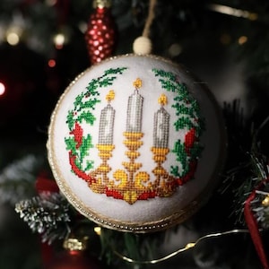 Handmade cross-stitch Christmas ornament with candle design, Elegant holiday tree decoration, Embroidered bauble, Festive gift