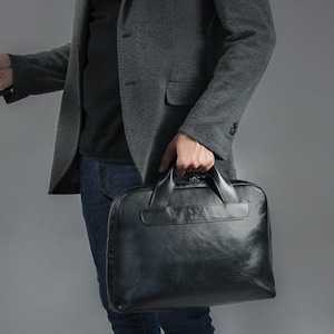 Handmade Black Leather Weekender / Work Bag – Wide-Mouth Zip, Removable Shoulder Strap, Minimalist Travel Duffel, Gift for Him