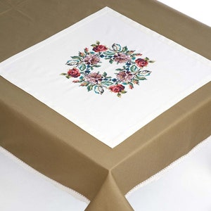 White Square Napkin with Floral Cross Stitch Wreath Center, Elegant Table Topper or Bread Cover, Farmhouse Cottagecore Decor for Tea Time
