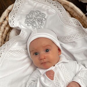 White baptism towel embroidered cross, Hooded christening towel for baby, Baptism towel for girl, Baby boy blessing blanket, Religious gift