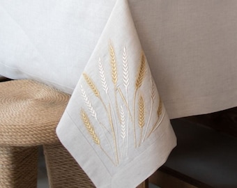 Embroidered Linen Tablecloth with Wheat Motif, Natural White Dining Table Cover, Rustic Farmhouse & Scandinavian Table Decor
