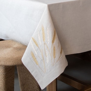 Embroidered Linen Tablecloth with Wheat Motif, Natural White Dining Table Cover, Rustic Farmhouse & Scandinavian Table Decor