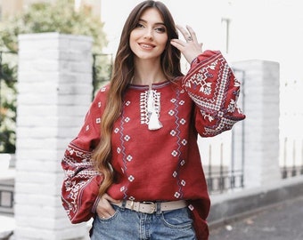 Red embroidered linen blouse for women, Boho folk style Vyshyvanka shirt, Traditional Ukrainian floral top