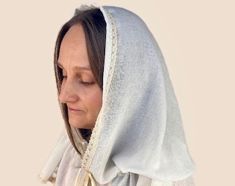 Linen veil with lace, Religion head veil, Catholic mantilla, Church veil, Wedding veil, Church head covering, Christian head covering