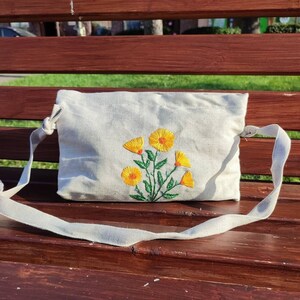 Hand Embroidered Hemp Pouch with Floral Motif, Small Hemp Crossbody Bag, Symbolic Botanical Design, Handmade Accessory