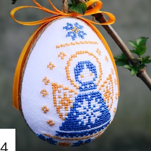 Easter Egg Ornament with Cross Stitch Angel in Blue and Yellow – Fabric Hanging Decoration with Ribbon, Religious Spring Home Decor