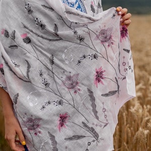 Embroidered Linen Scarf Shawl with Pink Wildflower, Lightweight Floral Wrap, Head Covering, Women Spring Summer Accessory, Gift from Ukraine