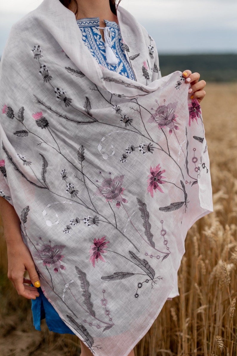 Embroidered Linen Scarf Shawl with Pink Wildflower, Lightweight Floral Wrap, Head Covering, Women Spring Summer Accessory, Gift from Ukraine