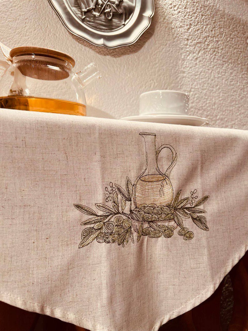 Linen beige runner with greek embroidery, Italian linen table runner with olives, Housewarming gift, Dining runner, Easter table runner image 9