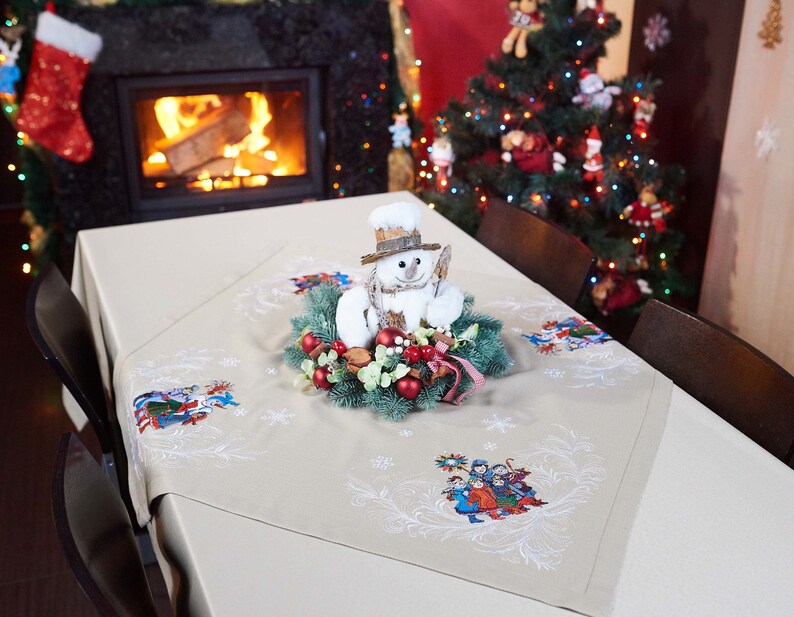Festive beige cotton centerpiece cover with holiday winter scenes