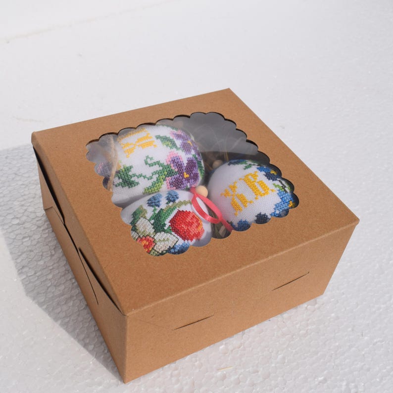 Set of 3 embroidered Easter egg ornaments with colorful floral designs