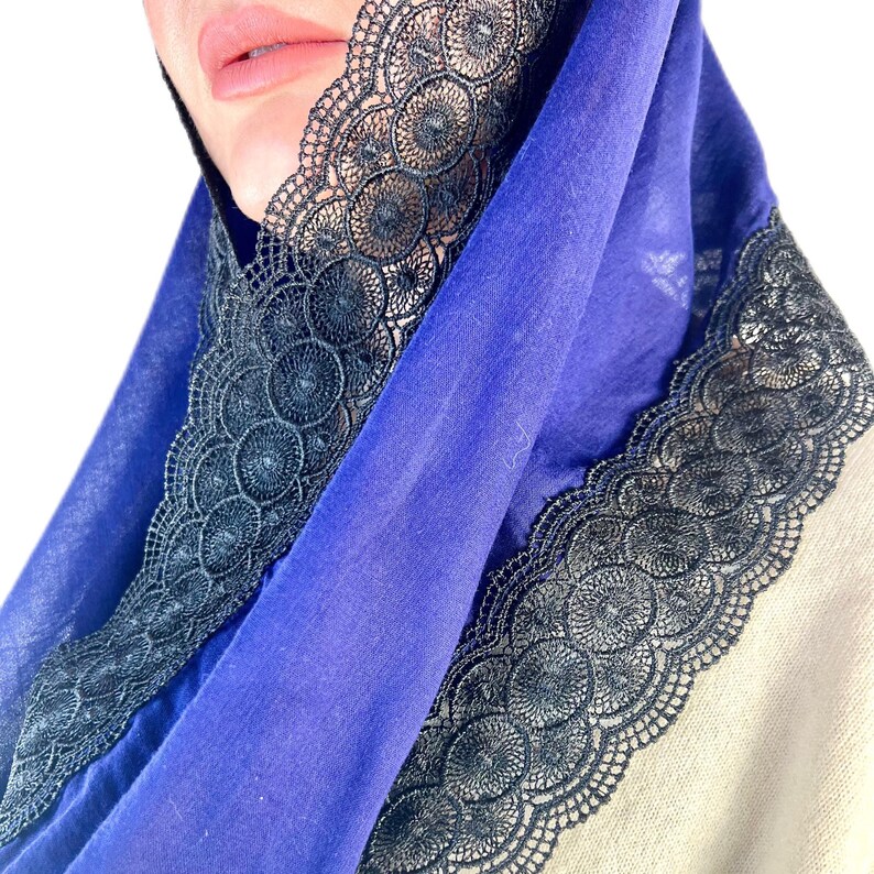 Handmade navy blue lace headscarf, Elegant infinity shawl with black lace trim, Boho chic mantilla wrap, Women’s formal scarf image 1