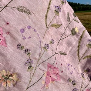 Light pink linen scarf with wildflower embroidery for women