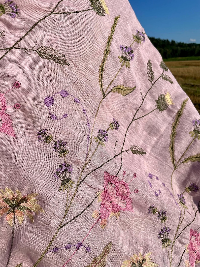 Light pink linen scarf with wildflower embroidery for women