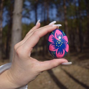 Hand Painted Easter Egg Blue Pink Floral Ukrainian Style Spring Decor Colorful Wooden Ornament for Basket Display and Table Centerpiece