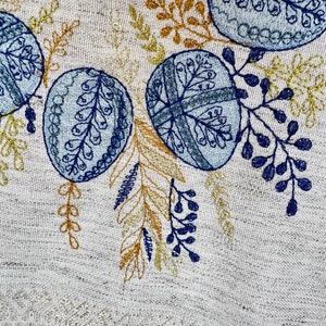 Puede incluir: Primer plano de una tela con dise&ntilde;os de huevos de Pascua bordados en tonos azules. Los huevos est&aacute;n adornados con patrones intrincados y rodeados de hojas bordadas en oro y azul oscuro. El fondo es de color beige claro.
