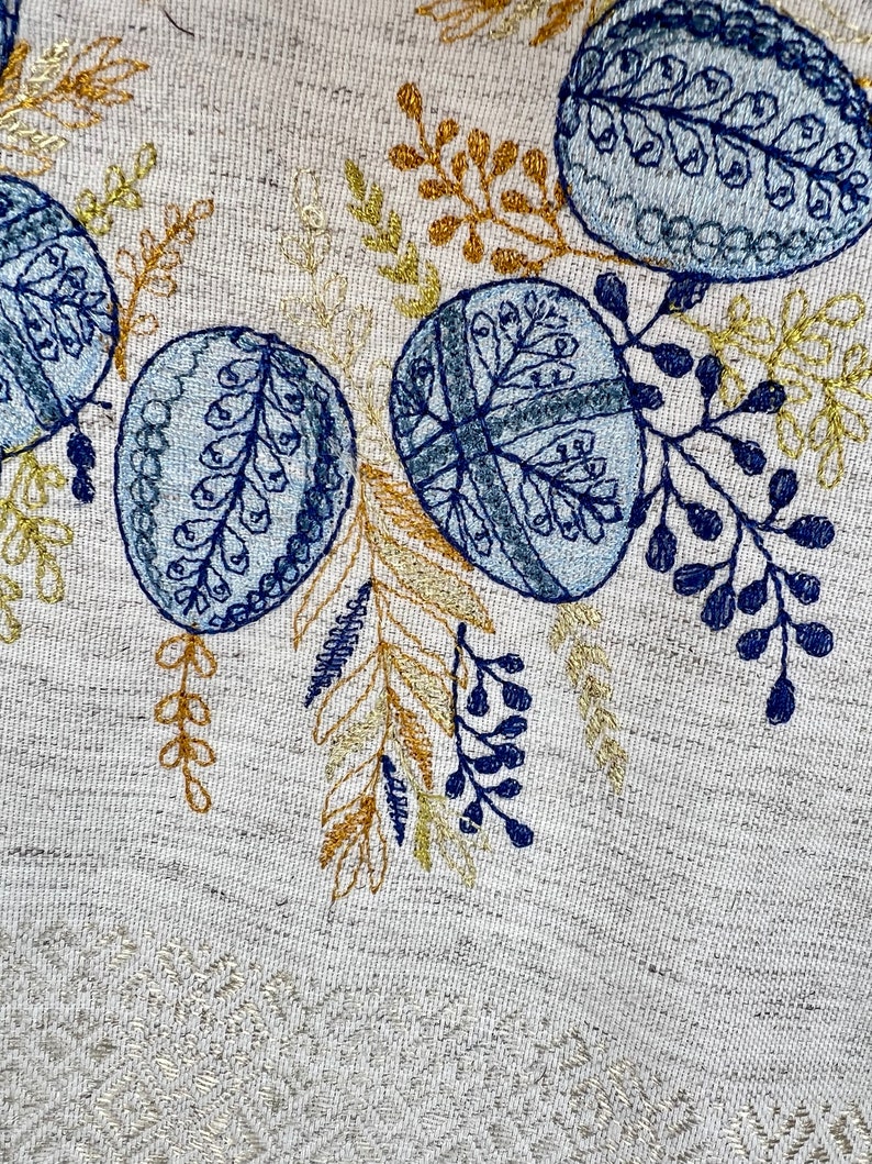 Puede incluir: Primer plano de una tela con dise&ntilde;os de huevos de Pascua bordados en tonos azules. Los huevos est&aacute;n adornados con patrones intrincados y rodeados de hojas bordadas en oro y azul oscuro. El fondo es de color beige claro.