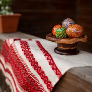 K&ouml;nnte beinhalten: Eine Holzschale mit mehreren aufwendig dekorierten Ostereiern. Die Eier weisen leuchtende Farben und Muster auf. Die Schale steht auf einem wei&szlig;en Tuch mit einem rot-schwarzen, bestickten Rand. Eine kleine Topfpflanze befindet sich im Hintergrund.