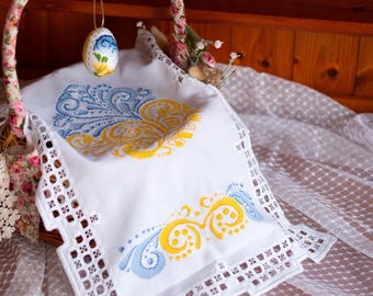 Embroidered Easter Basket Cover Cotton Cloth, Folk Art Basket Liner, Lace Trim Table Textile, Spring Holiday Basket Decoration