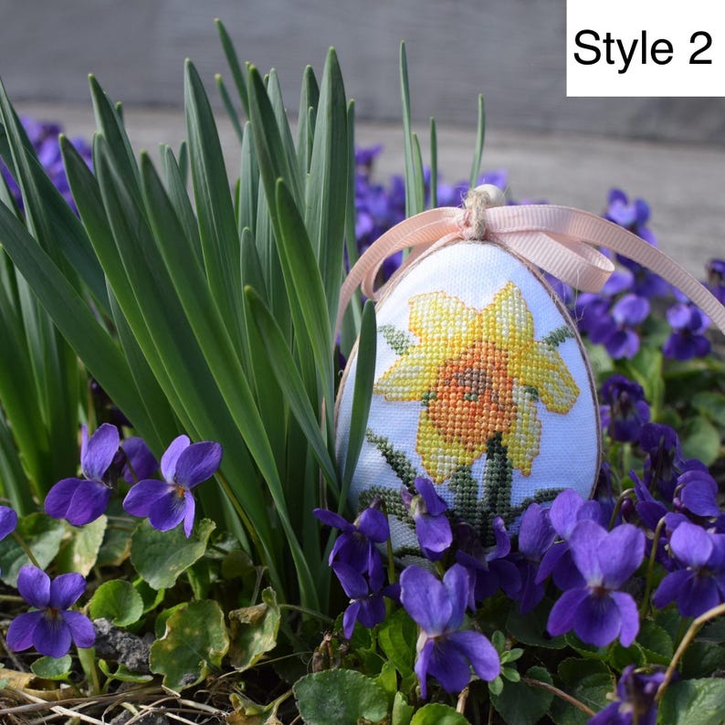 Easter daffodil embroidered hanging egg ornament with cross stitch design