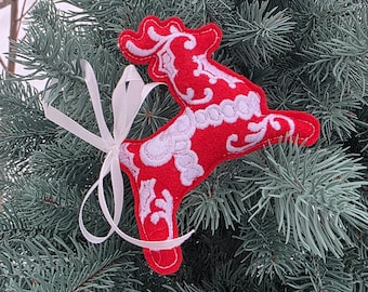 Dala Horse Christmas Ornament, Scandinavian Folk Reindeer Decor, Embroidered Nordic Tree Ornament, Swedish Holiday Gift