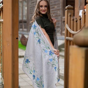 Embroidered linen shawl with blue flowers, floral linen scarf, ukrainian embroidery wrap, womens linen scarf, boho floral shawl