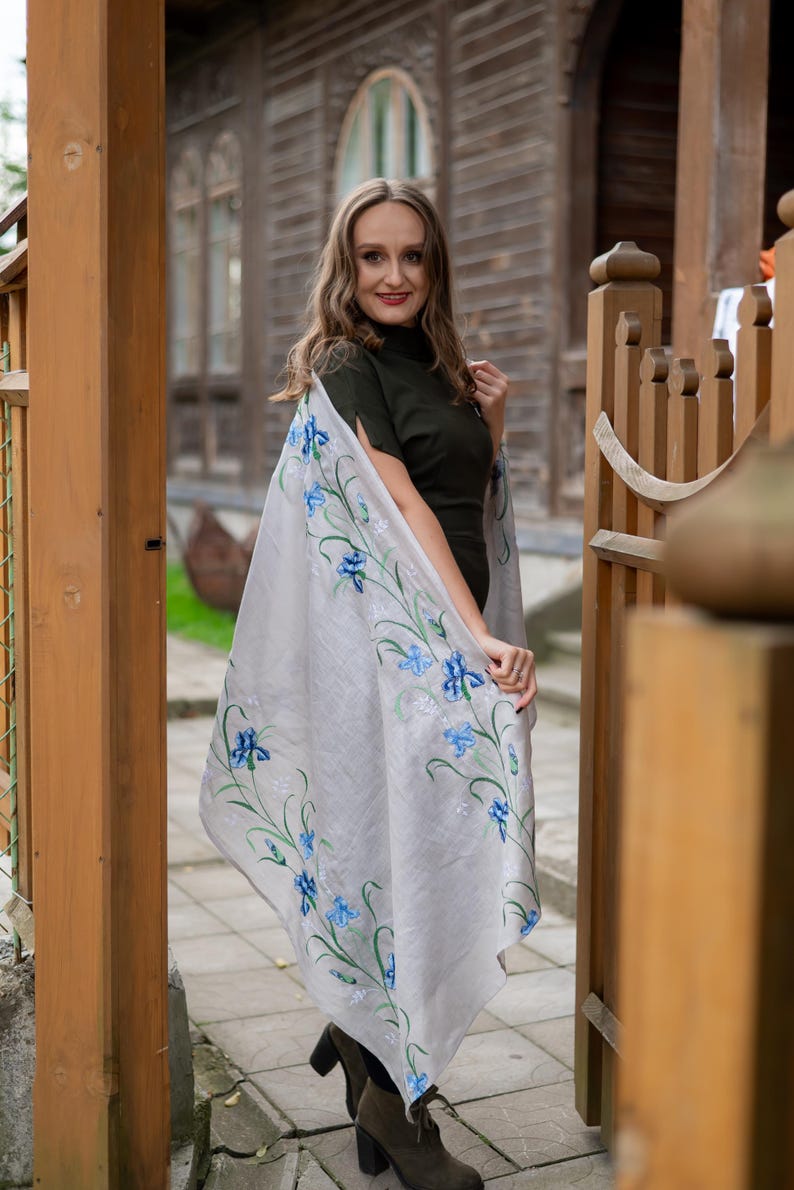 Embroidered linen shawl with blue flowers, floral linen scarf, ukrainian embroidery wrap, womens linen scarf, boho floral shawl