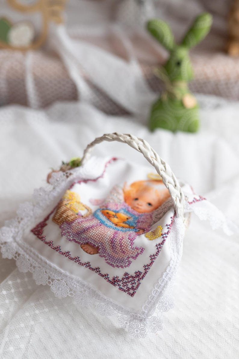 Easter Basket cover with beaded angel design