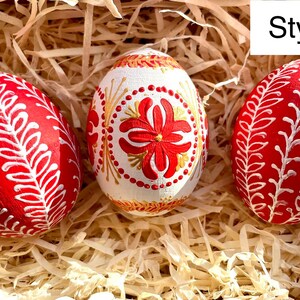 Set of 3 hand painted Easter eggs, Red white gold, Ukrainian pysanky , Decorative eggs, Folk art spring home decor gift