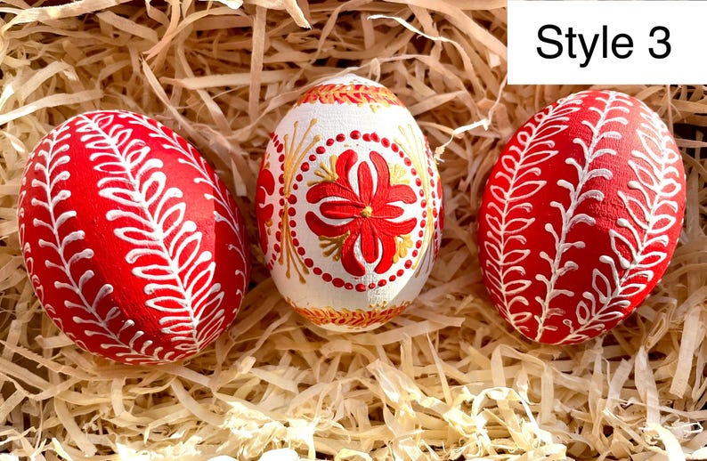 Set of 3 hand painted Easter eggs, Red white gold, Ukrainian pysanky , Decorative eggs, Folk art spring home decor gift
